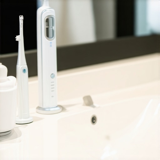 Modern electric toothbrush and water flosser on a bathroom counter for long-term dental maintenance.