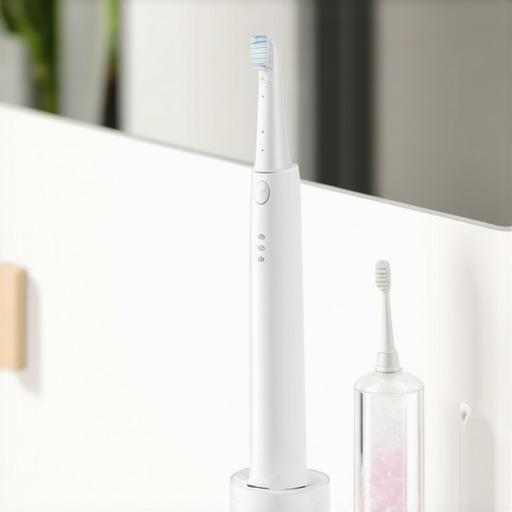 Professional Home Dental Maintenance Tools Modern water flosser and electric toothbrush on a bathroom counter for advanced oral hygiene