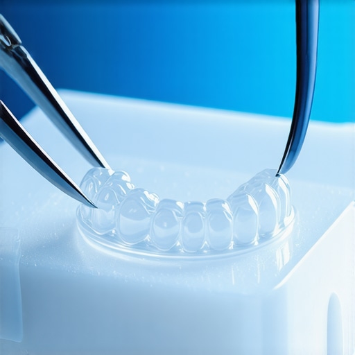 Close-up of a clear dental aligner in a professional setting showing the precision of the medical-grade plastic.