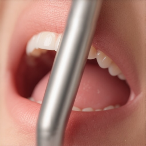 A person demonstrating the correct 45-degree angle for using a metal tongue scraper to remove biofilm without damaging papillae.