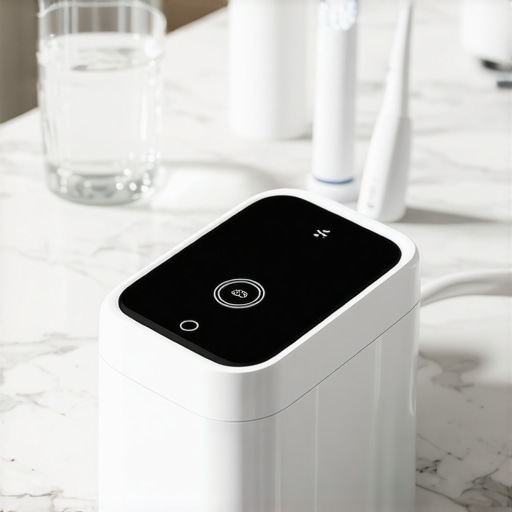 A modern ultrasonic cleaner on a bathroom counter used for maintaining clear aligners and dental health.