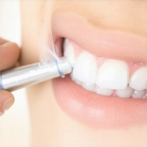 Professional biofilm disruption during teeth cleaning Close-up of a professional dental cleaning focusing on removing biofilm from the gumline.