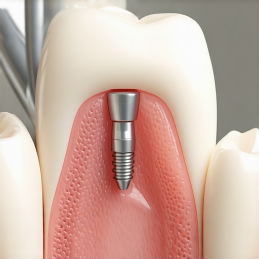Professional cleaning of a dental implant A dentist performing a professional cleaning on a dental implant using specialized tools to avoid scratching the restoration.