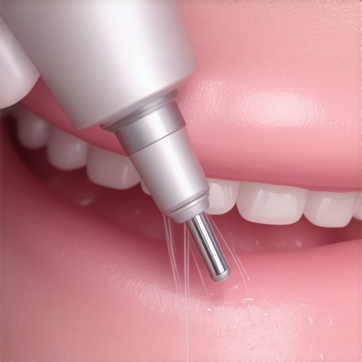 A dentist performing a professional cleaning on a lower permanent retainer using modern ultrasonic tools.