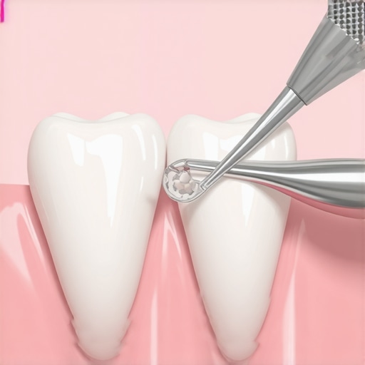 Professional dental scaling process detail Macro view of a dental hygienist using a scaler to remove plaque and tartar near the gumline.