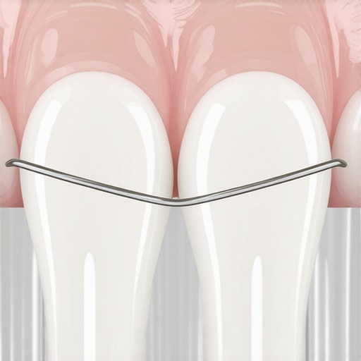 Macro shot of a dental splint bonded to the back of front teeth.