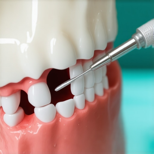 A dentist demonstrating the use of a periodontal probe to check gum health on a dental model.