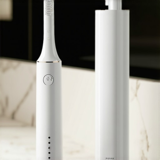 Professional oral hygiene tools for home maintenance Sonic electric toothbrush and water flosser on a bathroom counter