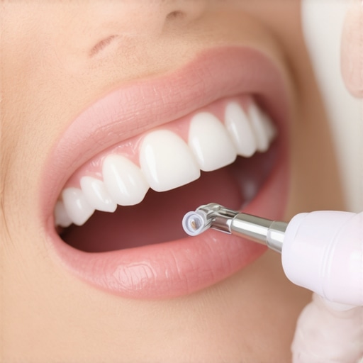Professional scaling of the incisive papilla area A dental professional performing a cleaning on the back of the front teeth to remove biofilm.