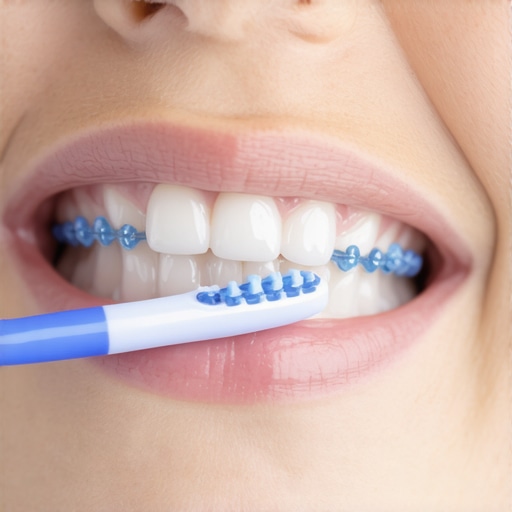 Proper Brushing Technique Around Spacers A soft toothbrush cleaning molars equipped with blue orthodontic spacers.