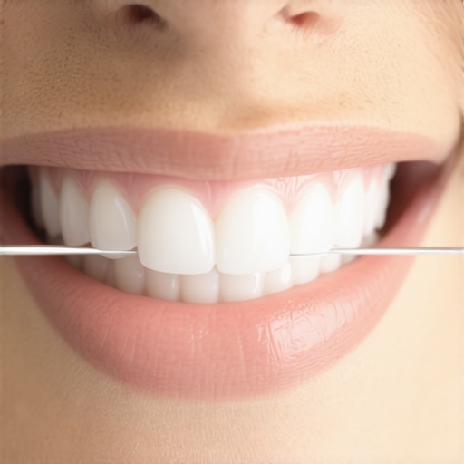 Proper C-Shape Flossing Technique Close-up showing the correct way to wrap dental floss around a tooth to protect gums from blanching and injury.