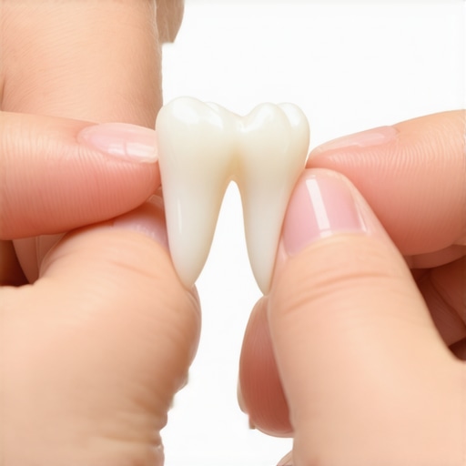 Close-up of how to hold an avulsed tooth by the crown to preserve the roots.