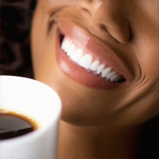 A close-up of a person with a bright white smile and a cup of coffee, illustrating the balance of oral health and daily habits.