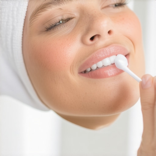 A close-up of a person applying a protective barrier to their gums to prevent whitening sensitivity.