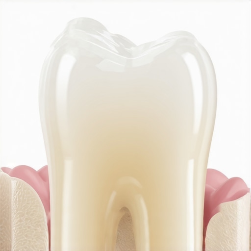 Realistic Dental Crown Texture and Translucency A close-up view comparing a natural tooth with a highly realistic cosmetic dental crown showing light reflection.