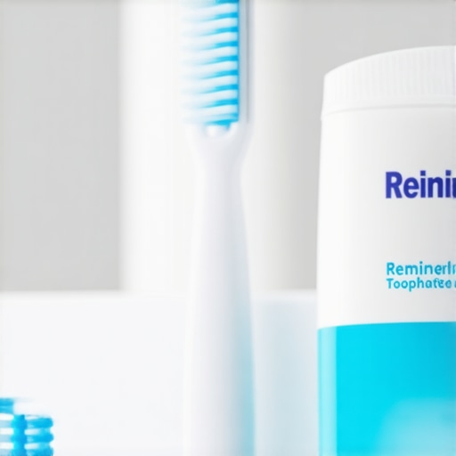 Soft-bristled toothbrush and remineralizing toothpaste on a clean counter.