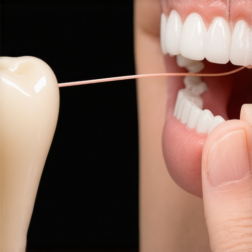 A close-up of frayed dental floss indicating a sharp tooth edge or fracture.