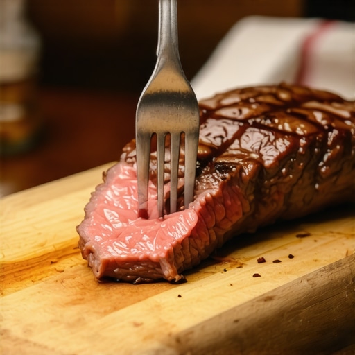 A close-up of a sliced steak on a cutting board showing how to cut meat thin for dental implants