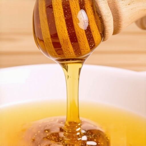 Soothing Honey for Mouth Burn Recovery A wooden honey dipper and a bowl of raw honey used as a natural remedy for palate burns.