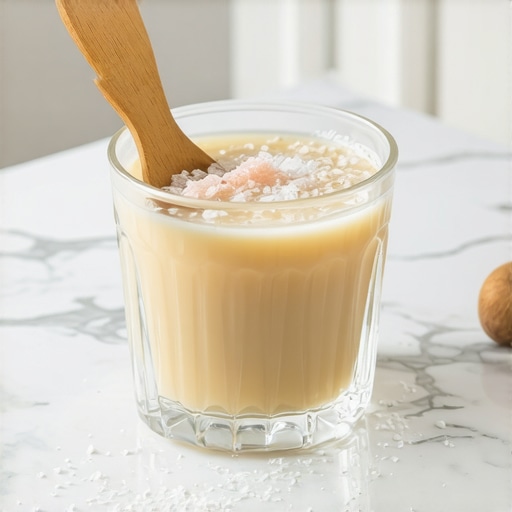 Soothing Salt Water Rinse Setup Warm salt water rinse in a glass on a bathroom counter for dental recovery.