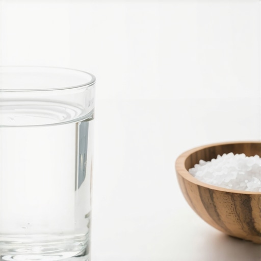 A glass of warm salt water and a bowl of sea salt to help remove metallic taste after a dental visit.