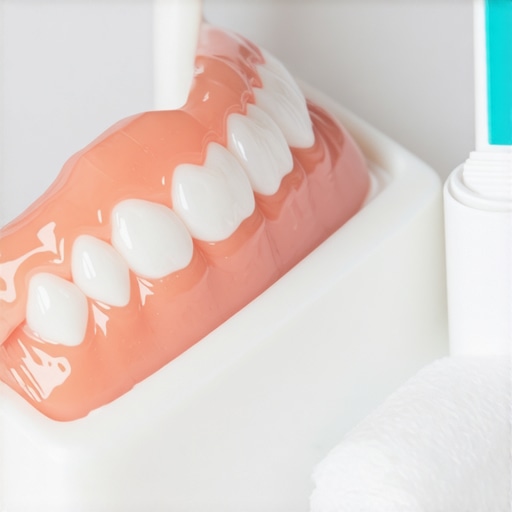 Close-up of a temporary dental bridge on a sterile tray with temporary adhesive.