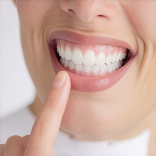 A person performing a manual check on their dental bridge seal to detect movement.