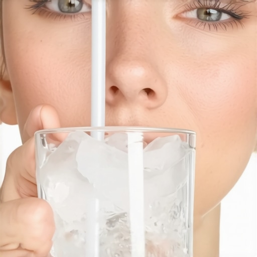 A person using a straw and cold water to identify a specific painful tooth at home.