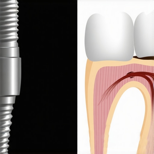Diagram of gum tissue attachment to a dental implant vs natural tooth