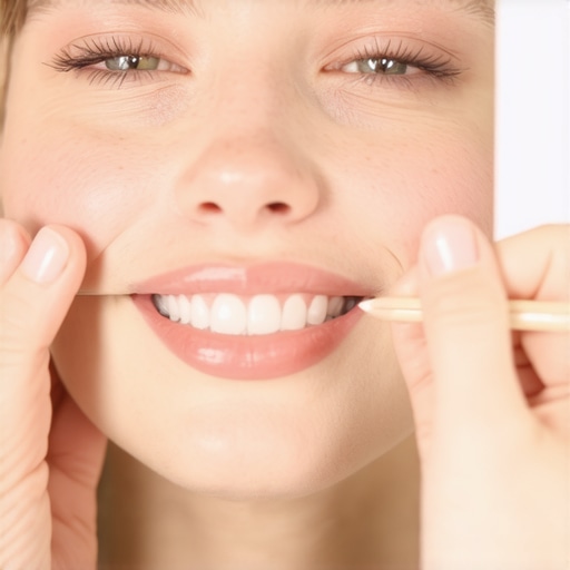 Close up of a person performing a dental symmetry test with a pencil to check for bite alignment.