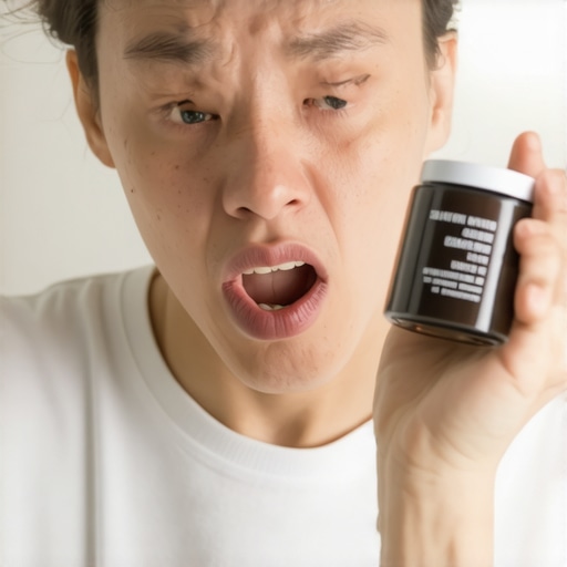 A person inspecting their teeth while holding abrasive charcoal toothpaste.