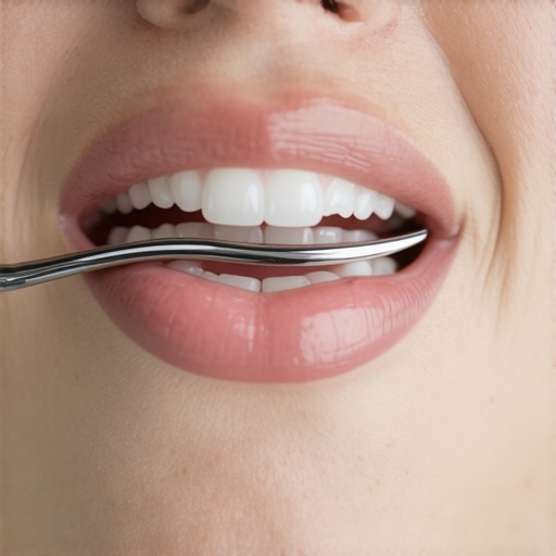 A person using a tongue scraper to remove bacteria and improve breath.