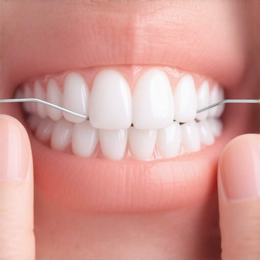 The Proper C-Shape Flossing Technique A demonstration of wrapping dental floss in a C-shape around a tooth to effectively remove plaque and protect gums.
