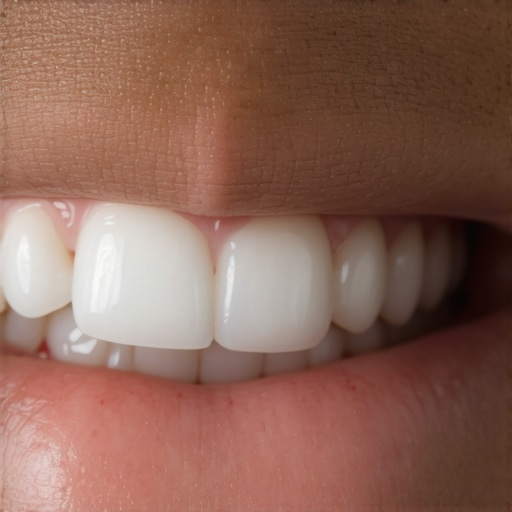 Macro view of teeth showing the blueish, transparent edges caused by over-bleaching and loss of enamel opacity.