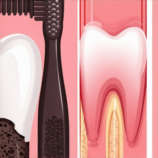 Close up of charcoal toothpaste on a brush showing abrasive texture.