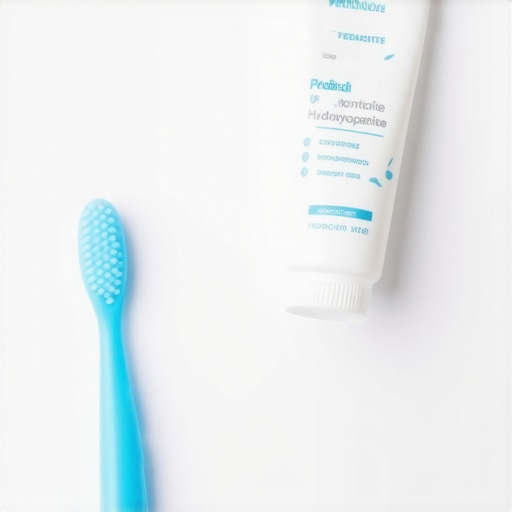 Toddler Oral Care Maintenance Tools Silicone toddler toothbrush and gentle toothpaste on a bathroom counter