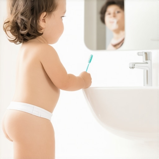 A toddler practicing spitting water into a bathroom sink while learning to brush their teeth.