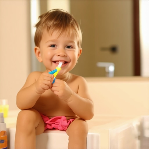 Toddler using the mirror trick for happy teeth brushing A toddler smiling in the mirror while holding a colorful toothbrush during a peaceful bedtime routine