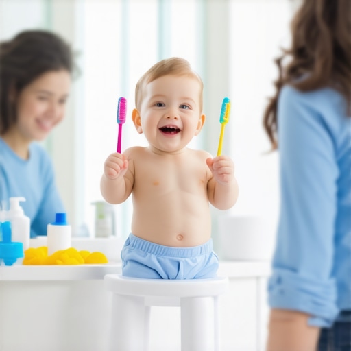 Toddler using the two-brush strategy in front of a mirror A toddler holding two toothbrushes while looking in a bathroom mirror to prevent biting.