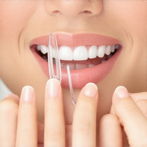 A person using scissors to trim a teeth whitening strip to prevent gum contact.