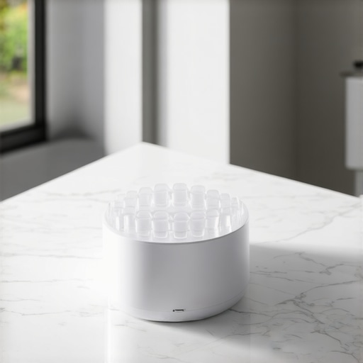 Ultrasonic Aligner Cleaner for Maintenance A modern ultrasonic cleaner on a bathroom counter for Invisalign maintenance.