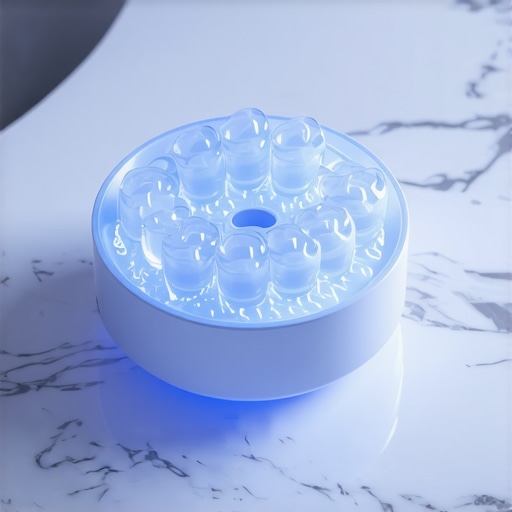 A modern ultrasonic dental cleaner cleaning Invisalign trays on a bathroom counter