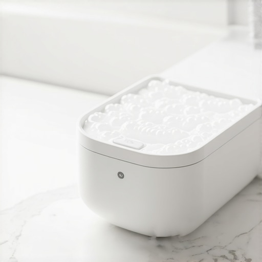 Ultrasonic Cleaner for Clear Aligners A modern ultrasonic cleaner used for maintaining Invisalign tray clarity on a bathroom counter.