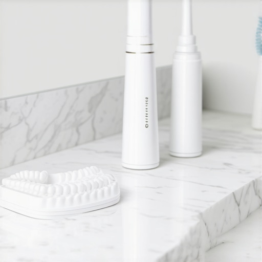 Modern ultrasonic dental pod cleaning Invisalign trays on a bathroom counter