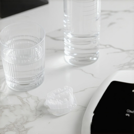 Ultrasonic Cleaner for Invisalign Maintenance Modern ultrasonic cleaning device for dental trays on a bathroom counter.