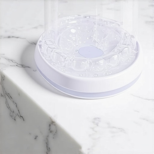 An ultrasonic dental pod cleaning clear aligners to maintain hygiene and prevent enamel erosion.