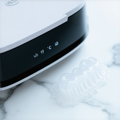 Ultrasonic Cleaner for Invisalign Trays A modern ultrasonic cleaner cleaning clear dental aligners on a bathroom counter