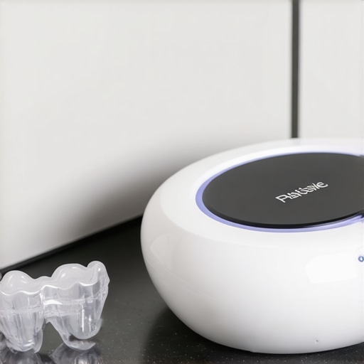 Ultrasonic Cleaning Pod for Aligner Maintenance An ultrasonic dental cleaning pod next to clear plastic aligners on a bathroom counter