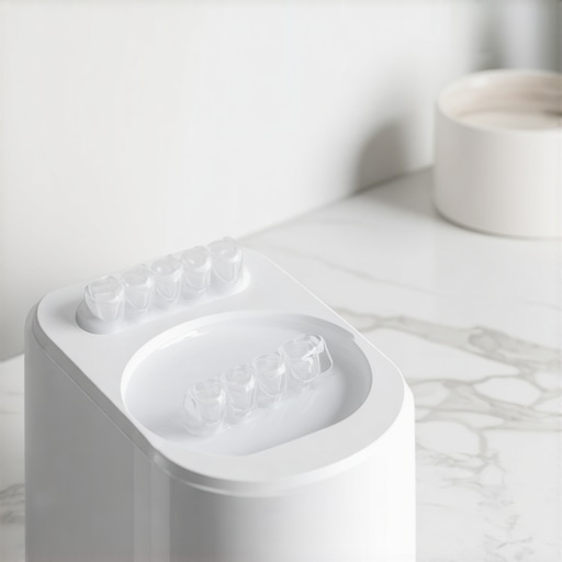Modern ultrasonic cleaner for Invisalign trays and night guards on a bathroom counter