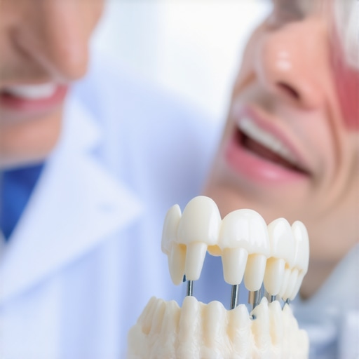 Dentist showing a 3D jaw model of a dental implant to a patient.